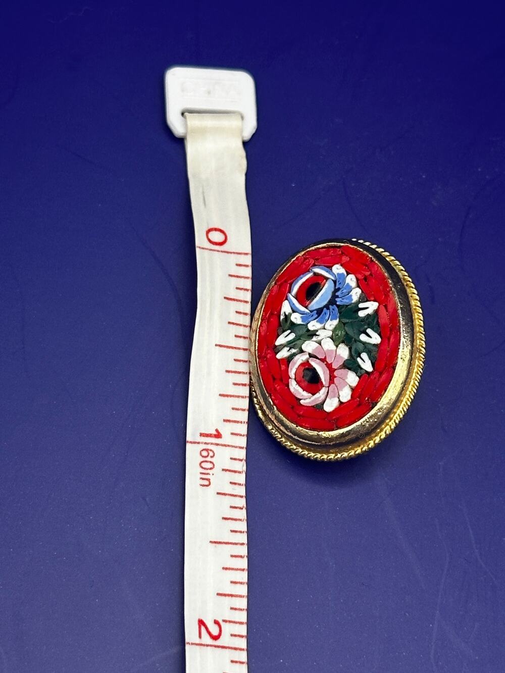 Vintage Italian Micro Mosaic Oval Brooch Red Border Pink Blue Floral Gold Tone